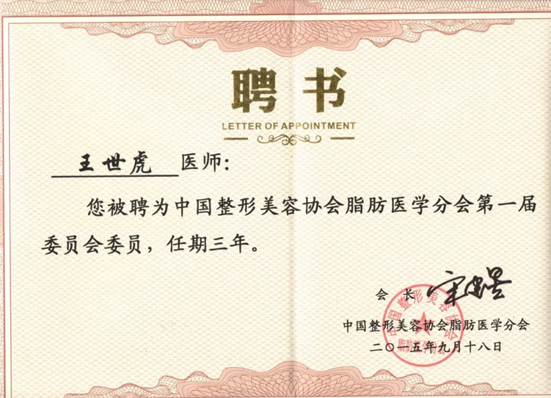 王世虎教授中整协脂肪医学分会委员证书